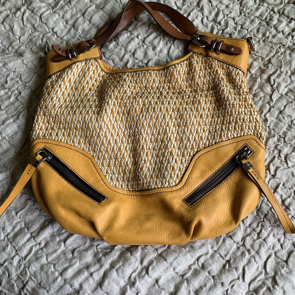 Stylish mustard yellow and Brown leather & woven panal orYany Women's hobo bag